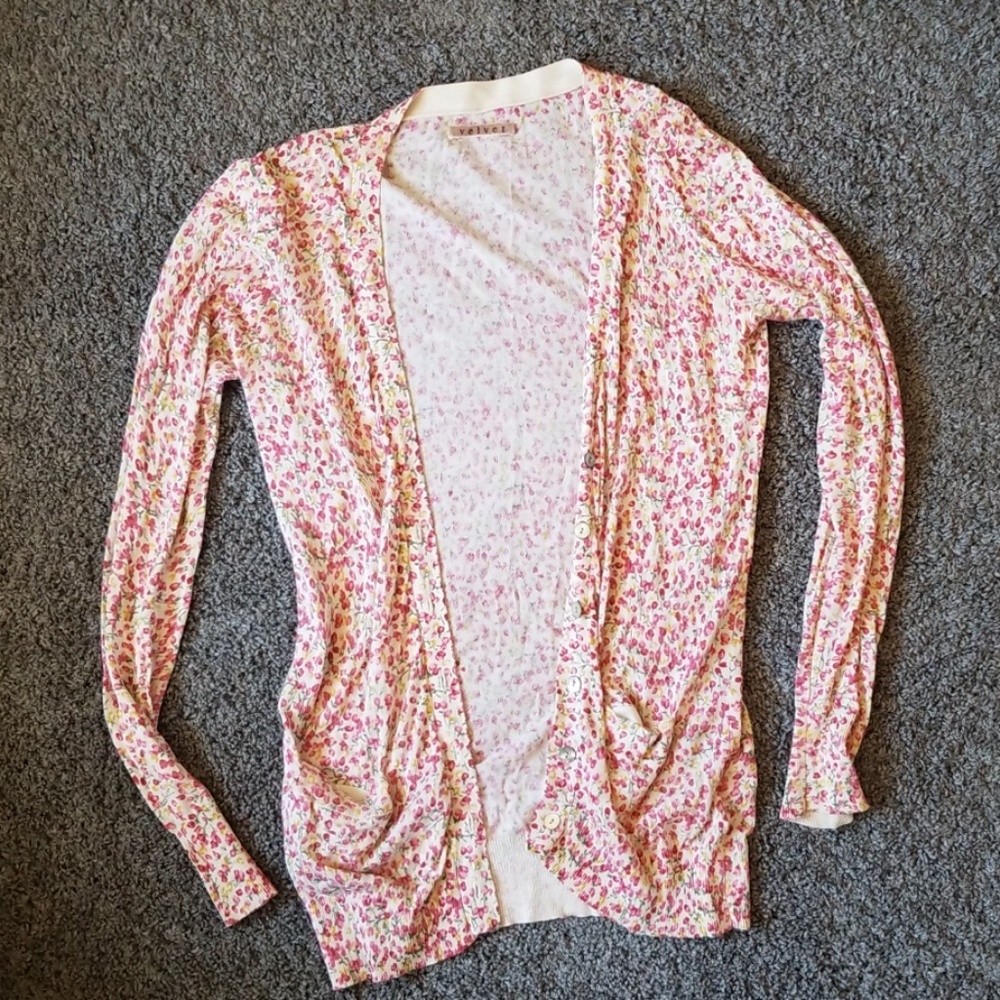 Silk floral print light spring V-neck cardigan
